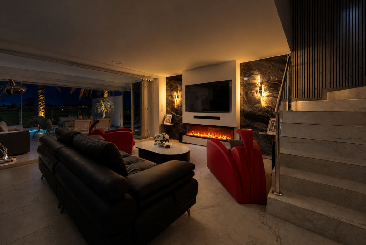 Contemporary living room in luxury Mar Menor Golf Resort villa listed by Cristina Lopez.