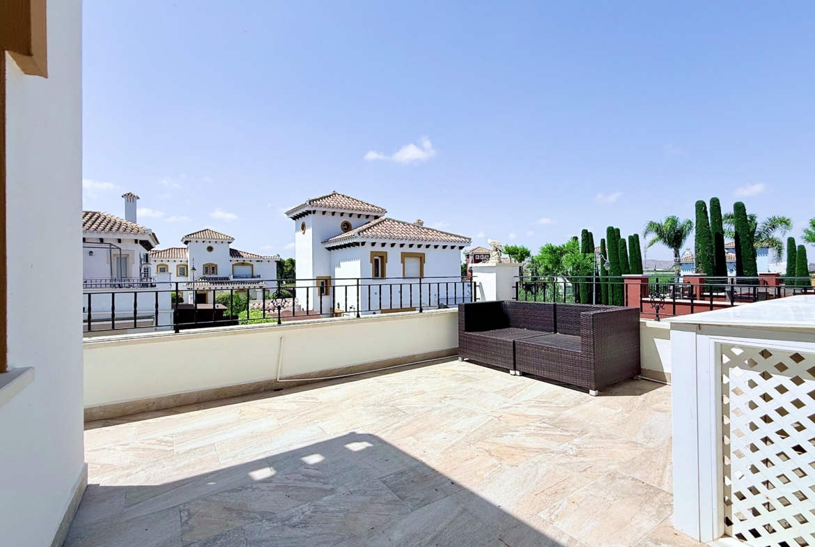 Spacious first-floor terrace at Isla Grosa Villa on Mar Menor Golf Resort by Levante Properties