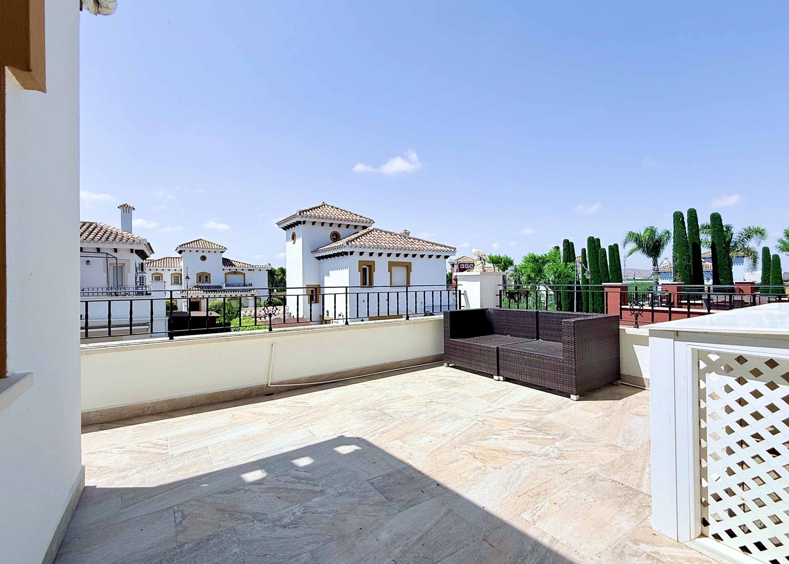 Spacious first-floor terrace at Isla Grosa Villa on Mar Menor Golf Resort by Levante Properties