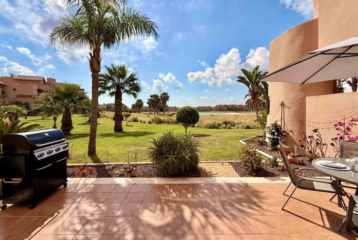Large south-east facing terrace with golf lake and pool views at Mar Menor Golf Resort | Levante Properties