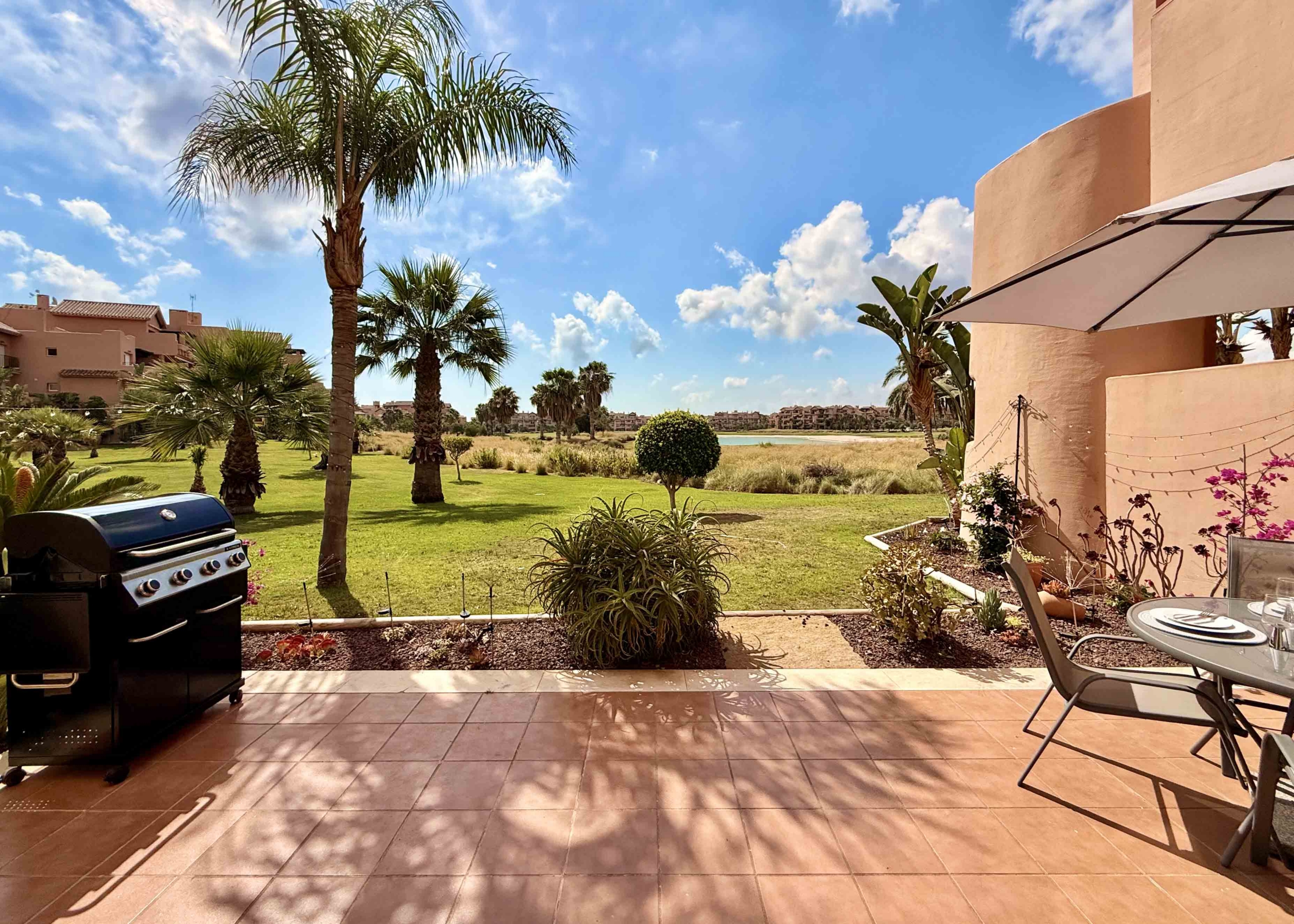Large south-east facing terrace with golf lake and pool views at Mar Menor Golf Resort | Levante Properties