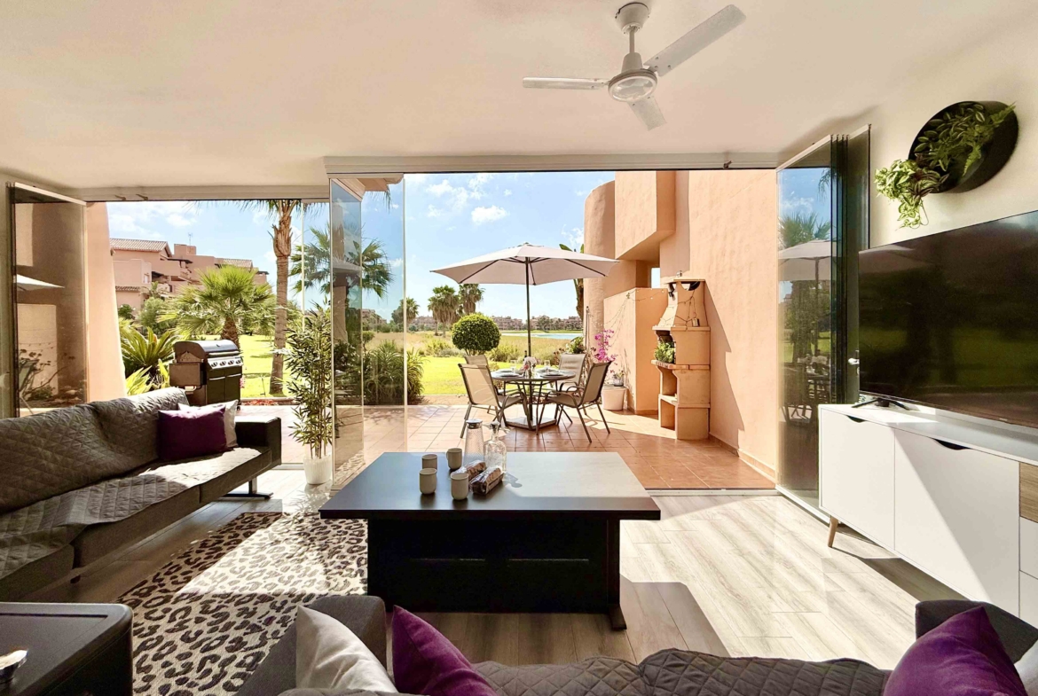 Exclusive Luxury Ground Floor Apartment with Exceptional Outdoor Living for Sale on Mar Menor Golf Resort. Lake and golf views. Key Ready.