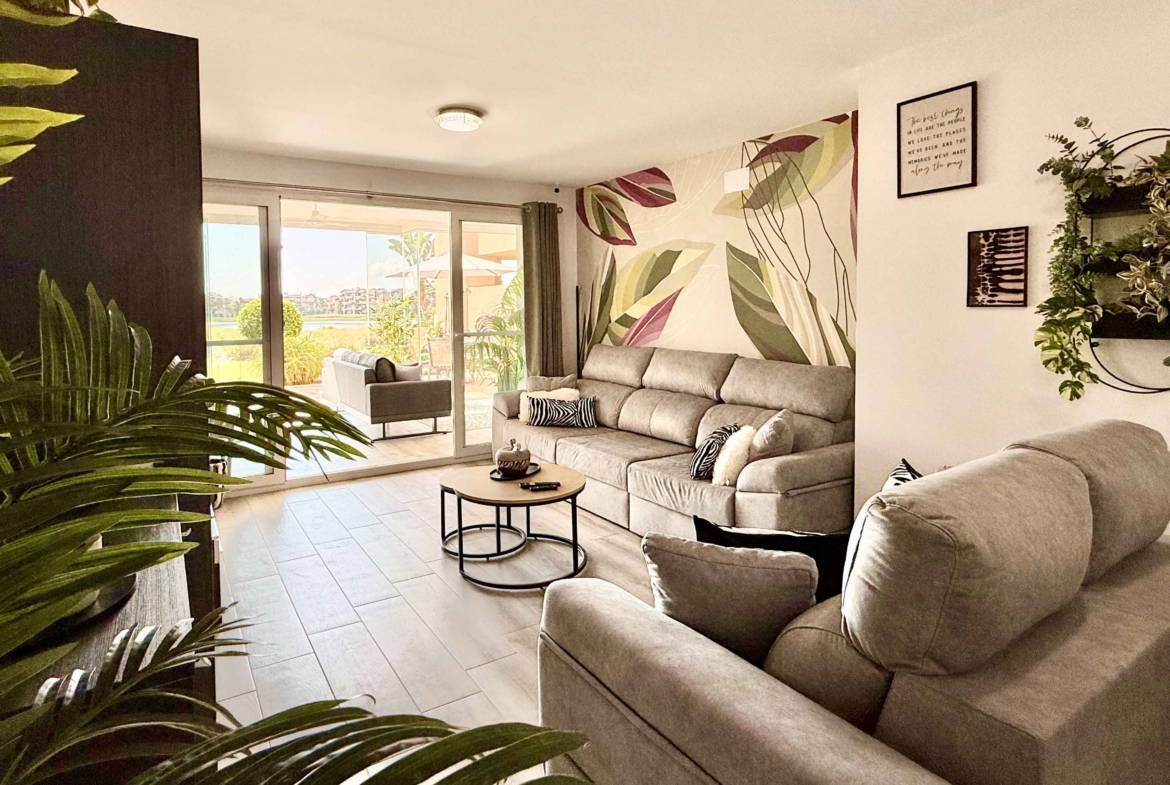 Modern living room in luxury ground floor apartment at Mar Menor Golf Resort | Levante Properties