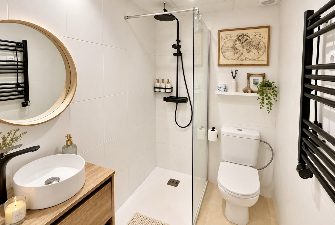 Modernised family bathroom with sliding door in a Mar Menor Golf Resort apartment