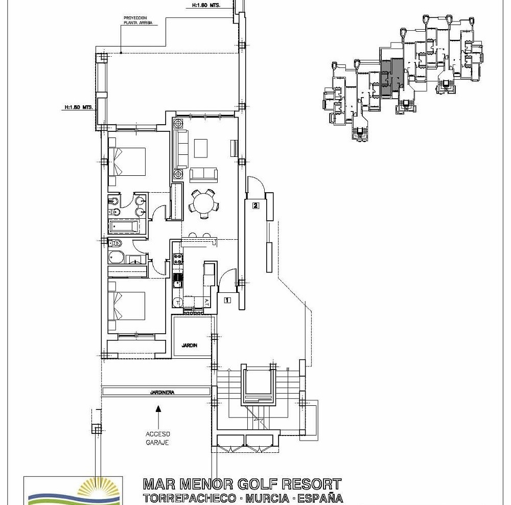 Floor plan of a two-bedroom, two-bathroom ground floor apartment on Mar Menor Golf Resort by Levante Properties