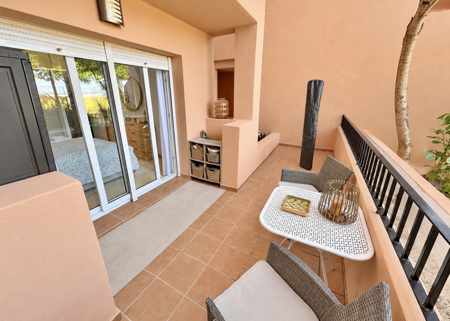 Ground floor apartment terrace overlooking landscaped communal gardens at Mar Menor Golf Resort