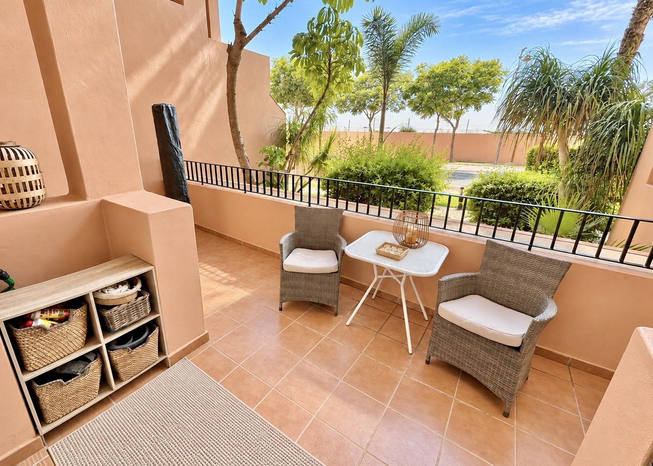 Ground floor apartment terrace overlooking landscaped communal gardens at Mar Menor Golf Resort